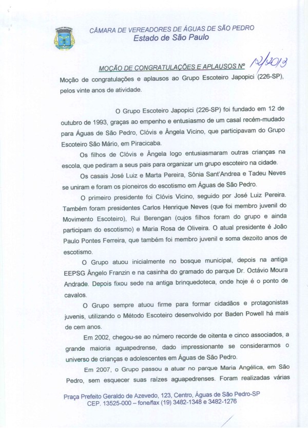 Imagem MOÇÃO DE CONGRATULAÇÕES E APLAUSOS Nº12/2013 (parte 1) Selecione a Imagem
