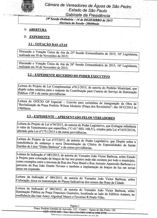 Imagem 19ª SESSÃO ORDINÁRIA 2015, FLS.1 Selecione a Imagem