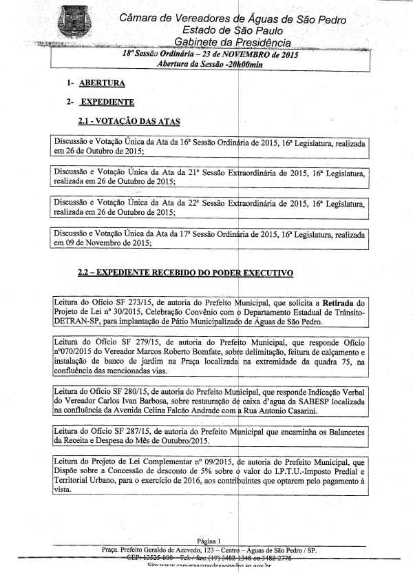 Imagem PAUTA 18ª SESSÃO ORDINÁRIA 2015, FLS.1 Selecione a Imagem
