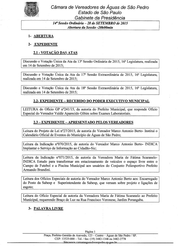 Imagem PAUTA 14ª SESSÃO ORDINÁRIA 2015, FLS. 1 Selecione a Imagem