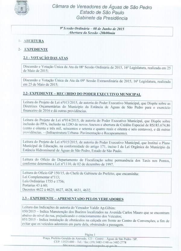 Imagem PAUTA 9ª SESSÃO ORDINÁRIA 08.06.2015 Selecione a Imagem