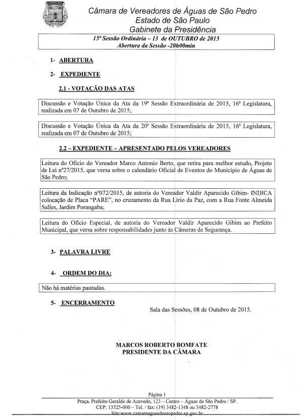 Imagem PAUTA 15ª SESSÃO ORDINÁRIA 2015. Selecione a Imagem