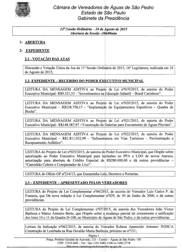 Imagem PAUTA 12ª SESSÃO ORDINÁRIA DE 2015, FLS.01 Selecione a Imagem